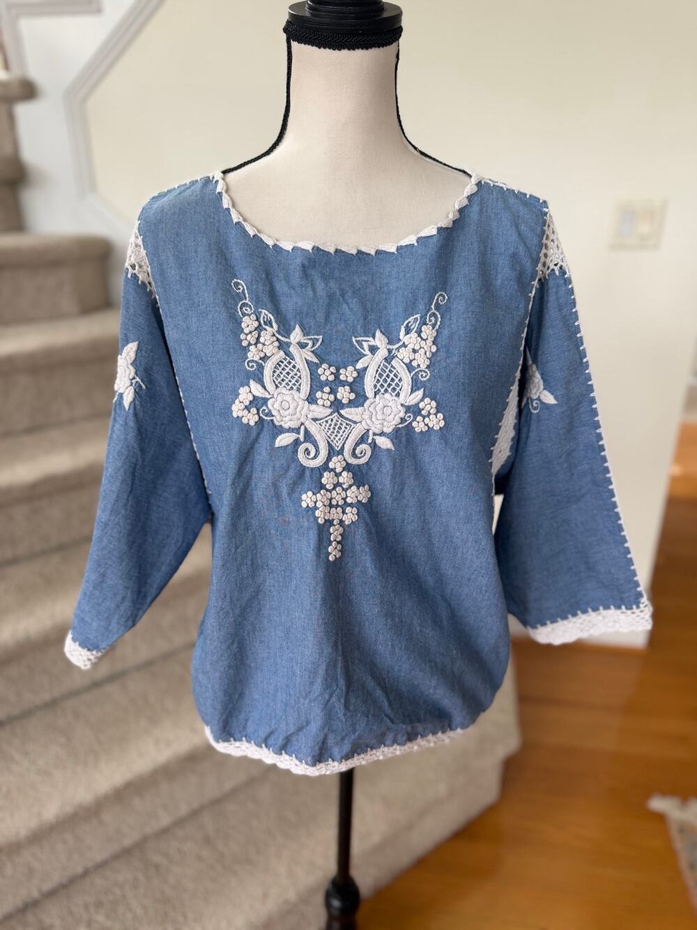 JM Pink Light Blue Chambray White Floral Embroidery Crochet Lace Tunic Top